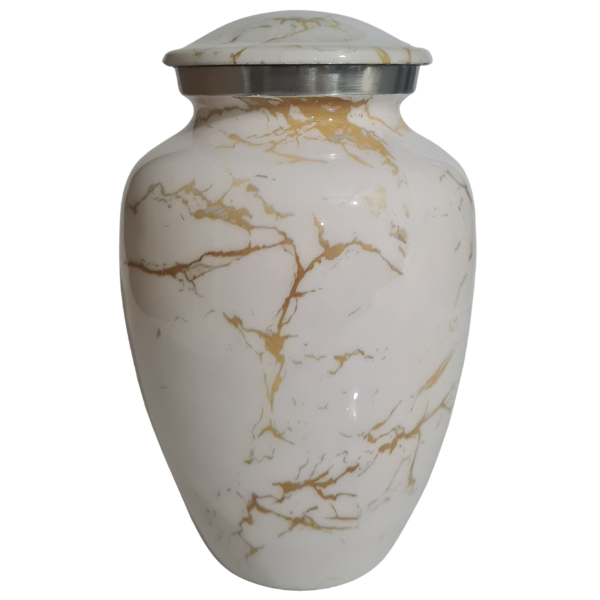 White &amp; Gold Marble Effect Aluminium Memorial Cremation Urn For Ashes