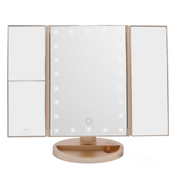 Champagne Gold Tri-Fold Mirror: Magnified LED Vanity Mirror with Base