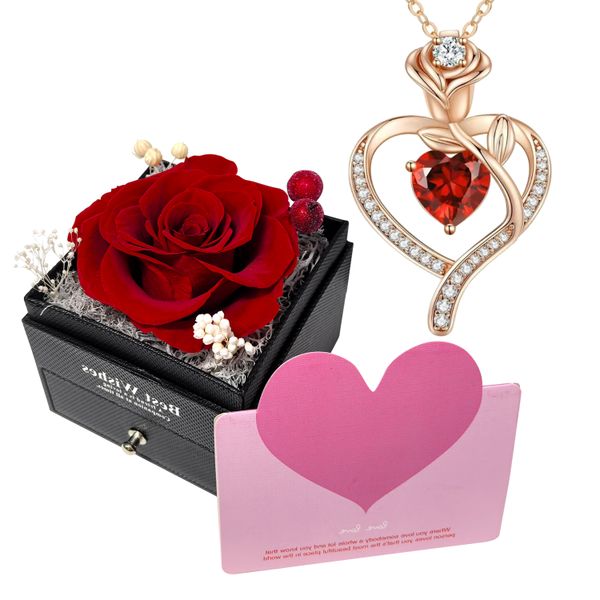 Preserved Red Real Rose with Necklace for Women