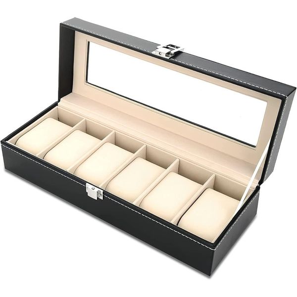 Watch Holder Stand Display Storage Case PU Leather Watch Box - Black - 6 Slots