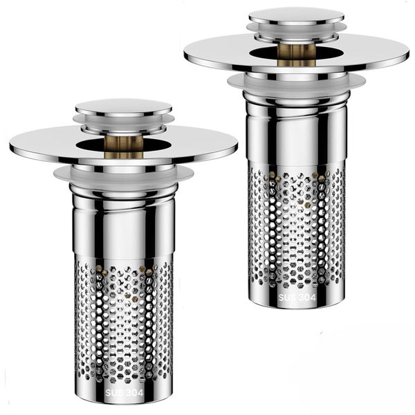 2 Pack Bathroom Sink Drain Strainer &amp; Pop-Up Stopper - Universal 2.8-3.7cm