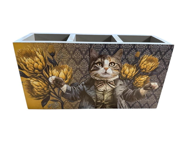 Cutlery/Stationary Holder - Vintage Cat with Golden Proteas