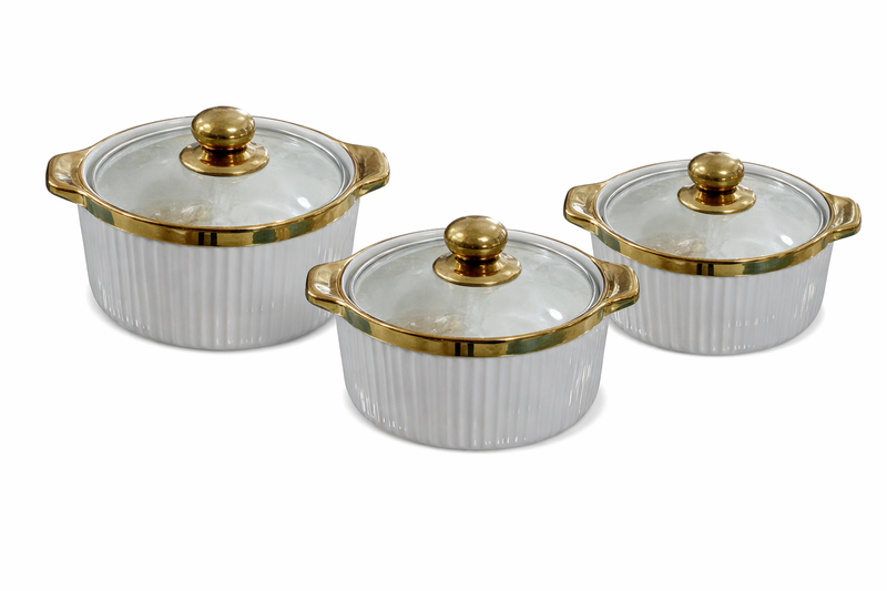 Elegant White Ceramic Bowl Set with Gold Edge - 3 Piece