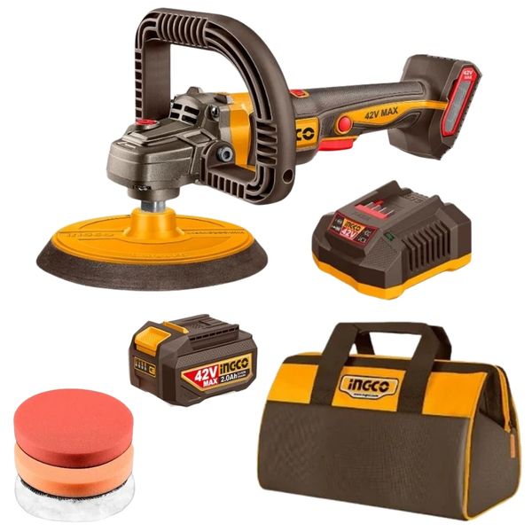 Ingco - Cordless Polisher (42V) - 180mm with Battery, Charger &amp; Asstd Pads