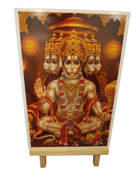 Hindu Religious Tile Ceramic Glazed - Hanuman 5 face + Easel Stand