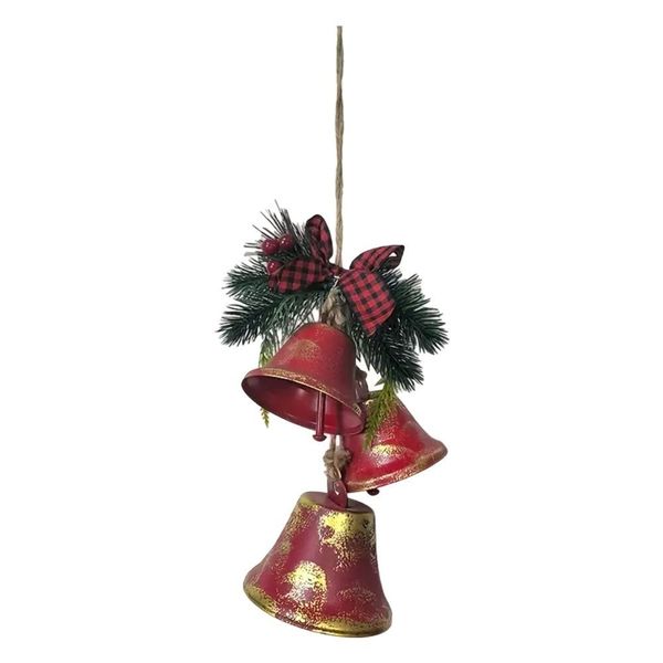 Toy 3Pieces Red and Golden Bells With A Bow Along With A Pine Branch -42cm