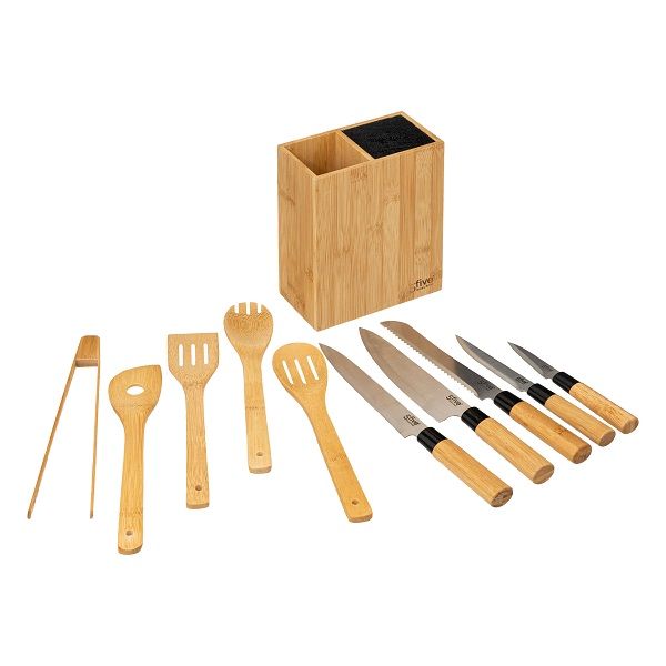 5five Bamboo Kitchen Utensil Holder with 5 Knives &amp; 5 Utensils