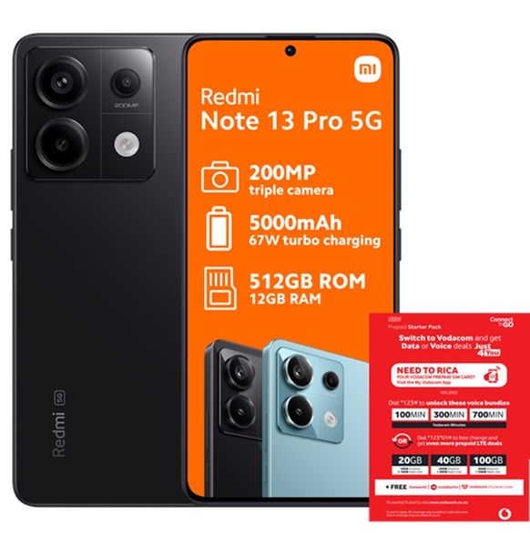 Xiaomi Redmi Note 13 Pro 5G 512GB - Midnight Black + Vodacom SIM Card Pack