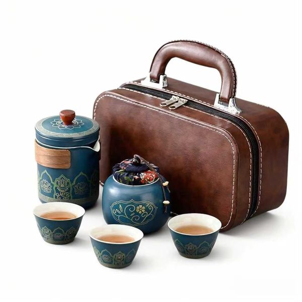 National style gilt lotus travel tea set set portable leather bag outdoor