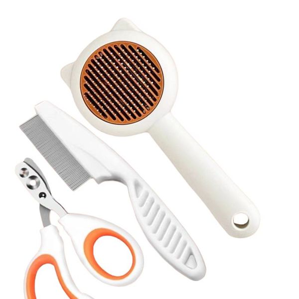 Cat Grooming Kit 3pcs - Deshedding Brush, Nail Clippers, Flea/Ear Comb