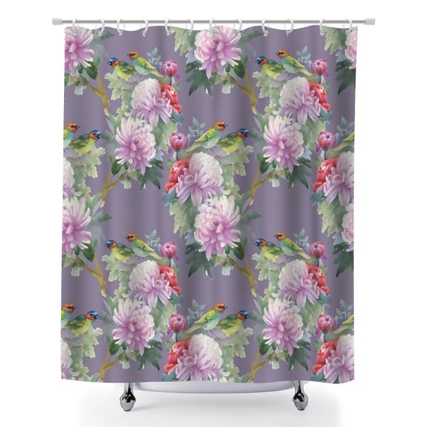 Floral Bird Print Waterproof Fabric Bath Curtain, 180x180cm Shower Curtain