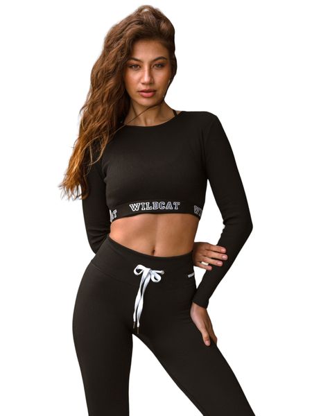 Wildcat Ribbed Long Sleeve Crop Top - Black