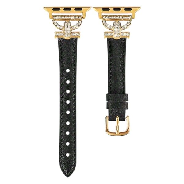 Soft Leather Apple Watch Strap With Diamante Gold Accents - Black