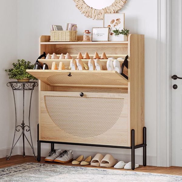 Shoe Rack Cabinet Flip Storage Drawers Rattan Freestanding Organizer