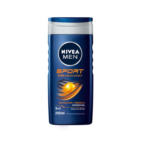 NIVEA MEN Sport 3in1 Shower Gel Body Wash with Revitalising Minerals, 250ml