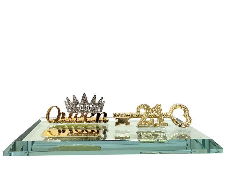 21st Key Diamante Queen with crown on Glass Mirror Base