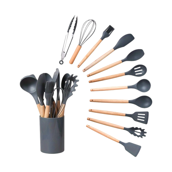 Kitchen Utensil Set - With Natural Wooden Handles