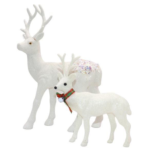 Set Of 2 Reindeer - White Glitter Reindeer Christmas Decor (Small &amp; Large)