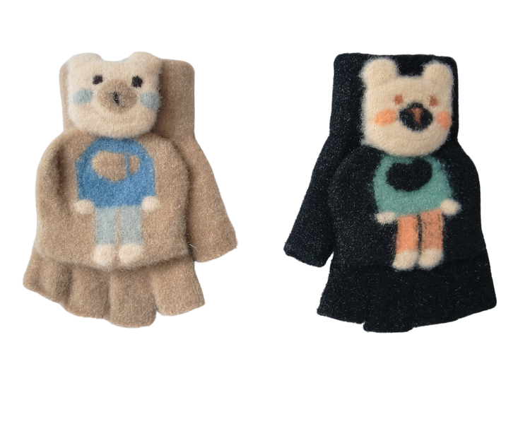 Kids Cute Bear Half Finger Mitten Gloves 2 Pack