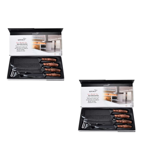 Stainless Steel Kitchen Knife Set With Wood Grain Handle 6-Piece - 2Pack