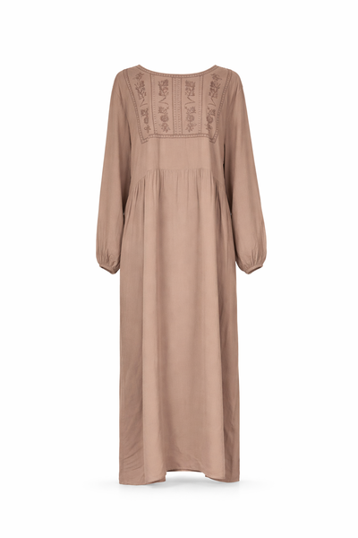 Stone Viscose Cotton Full-Length Embroidered Dress