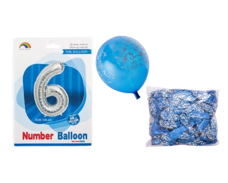 Birthday Age 6 Balloon Sil + Blue ballons