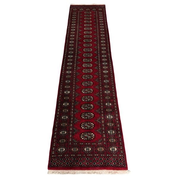 306 x 75 cm / Hand-Knotted Red Pakistani Bokhara Soft Wool Runner Rug