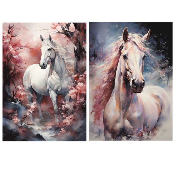 Horses Wall Art In Pink And White A3 Unframed