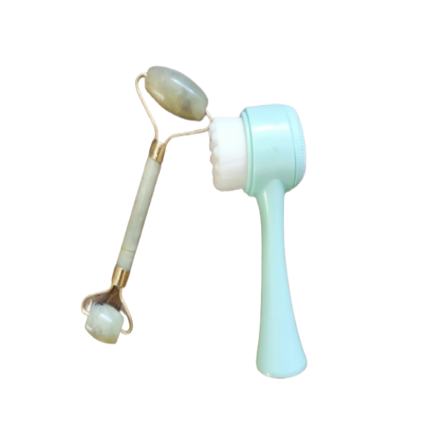 2 In 1 Facial Brush And Jade Massager Roller Set