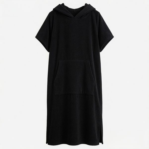 Quick Dry Microfiber Hooded Swim Poncho Bath Robe Black One Size
