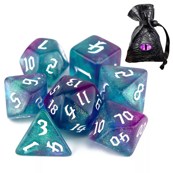 Dice Set,Dual Colour Glitter,7-Died Glitter Two-Tone Dice with Leather Bag