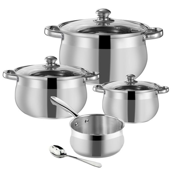 Set of 8 - Kitchen Essentials Mirror Finished Stainless Steel Cookware Set