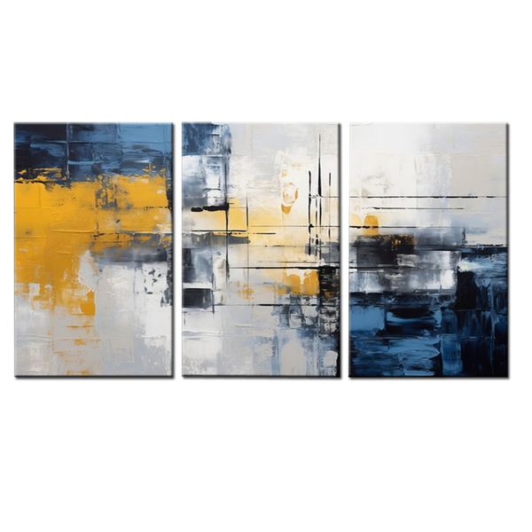Canvas-Art-3 Pieces Grey, Blue and Mustard Contemporary Abstract Wall Art