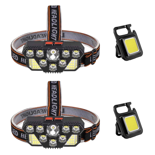 Powerful Rechargeable Head Torch + Rechargeable LED Keyring Torch - 2 Pack