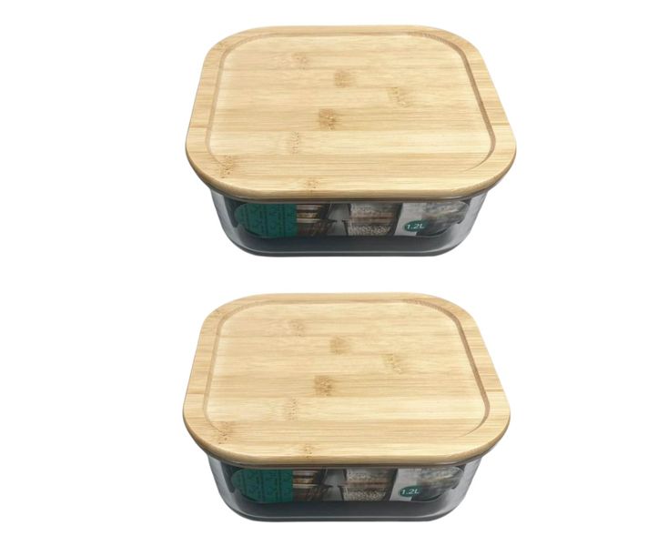 1200ml Square Glass Storage Container with Wooden Lid - Set of 2