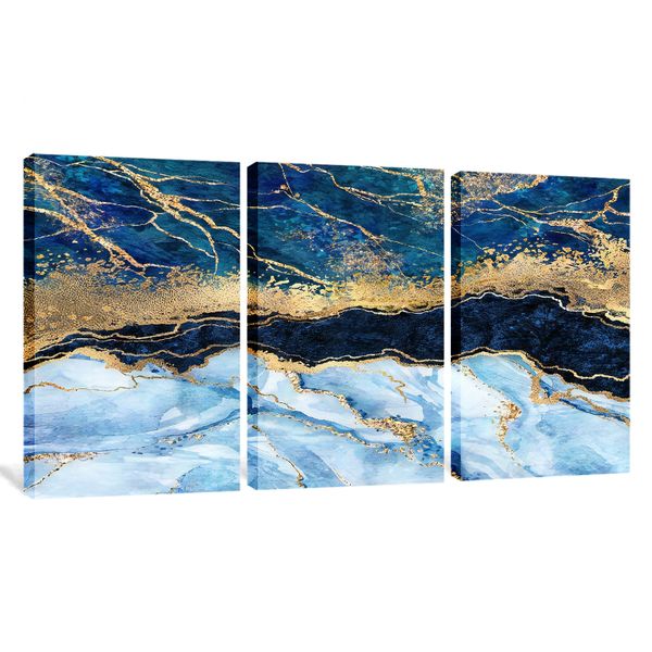 Navy Blue 3 Piece Marble Fluid Effect Abstract Canvas Print Wall Art I