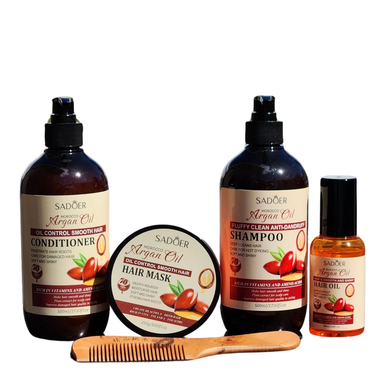Sadoer Argan Oil Shampoo, Conditioner, Mask, Hair Oil, Wood Comb