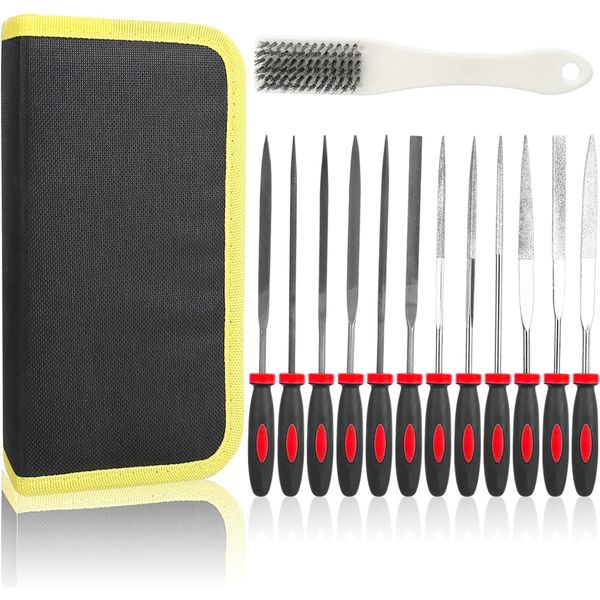 13Pcs Metal File Set Round &amp; Flat Steel File Kits with Bristle Brush