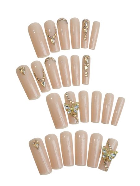 24 Piece -3D Golden Butterfly &amp; Rhinestones Design Acrylic Nails-Multicolor
