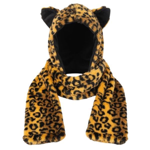 Leopard Print Cat Ear Hooded Scarf - Faux Fur Winter Hat with Scarf