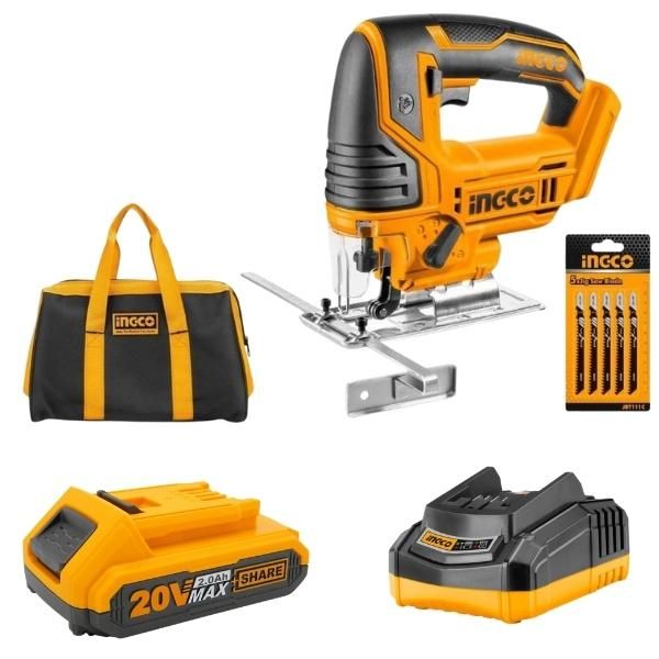 Ingco - Cordless Jigsaw with 5 Piece Saw blades, 2.0Ah, Charger & Tool ...