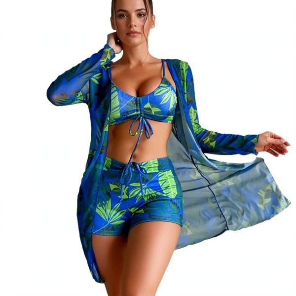 Women's 3-Piece Bikini Set Tropical Print Boy Shorts Long Sleeve Cover-Up