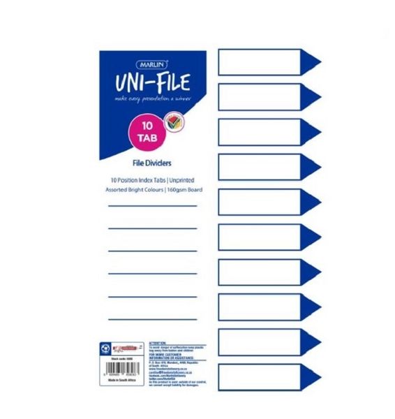 Marlin - File Dividers 160gsm Bright Board: 10 Position (Pack Of 10)