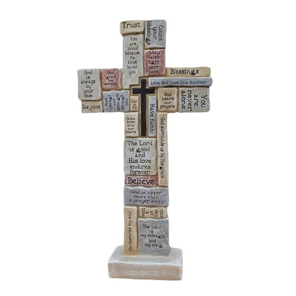 Christian Cross Figurine - Inspirational Words Sculpture for Home &amp; Gifts