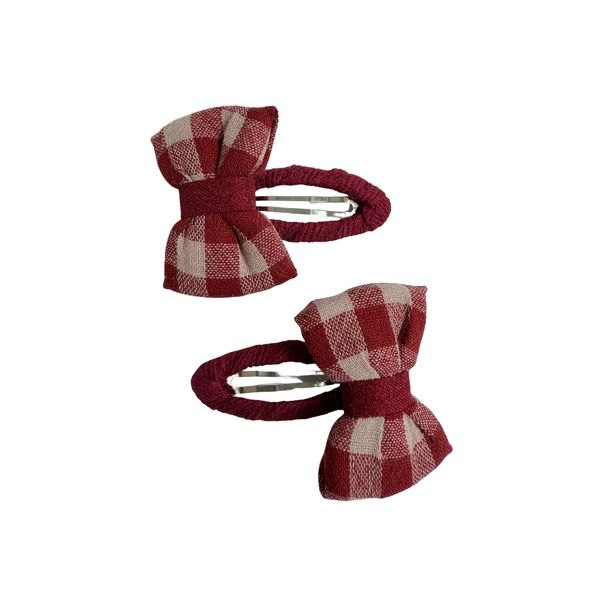 Red Gingham Check Bow Hair Clip Cotton Style for Girls, for Kids - Set of 2