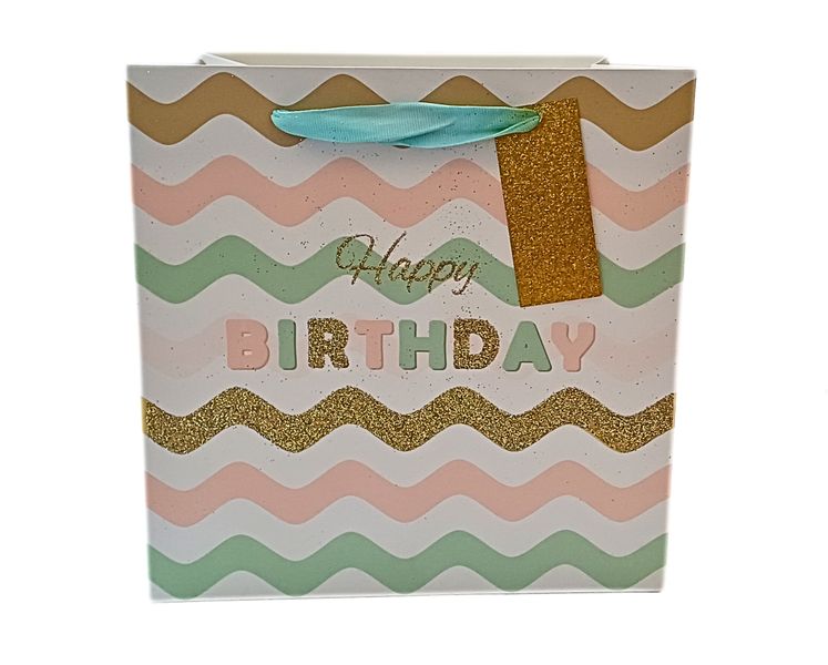 Happy Birthday Gift Bag - Elegant Pastel Zigzag Design with Gold Glitter