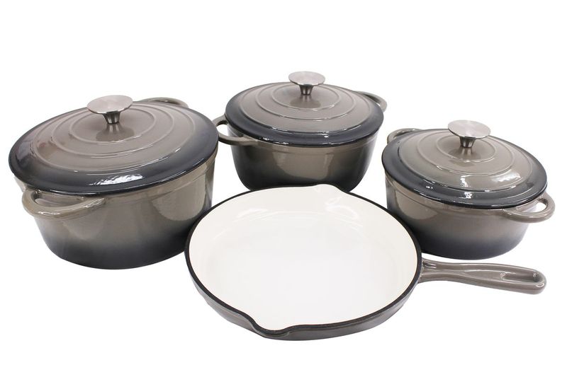 Delicate 7 Piece Cast Iron Dutch Oven Cookware Pot &amp; Stout Pan Set Charcoal