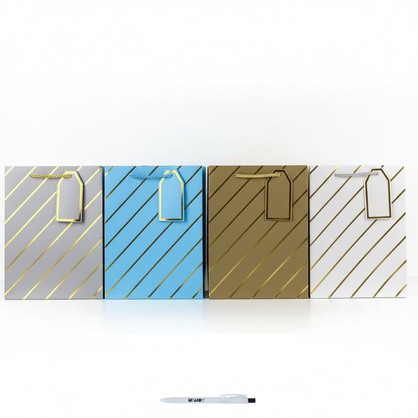 4 Pack Medium Stylish Striped Gift Bags with Tags In 4 Colors + ReVibe Pen