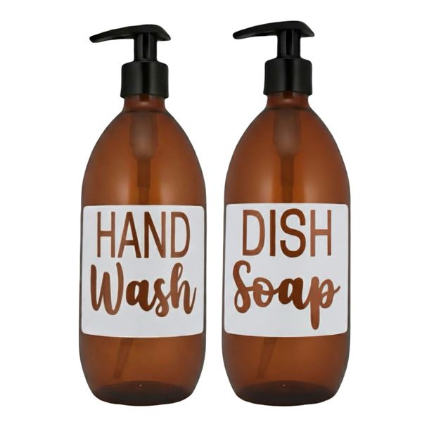 Amber Glass Refillable Hand Wash &amp; Dish Soap Dispenser Set of 2 - 500ml