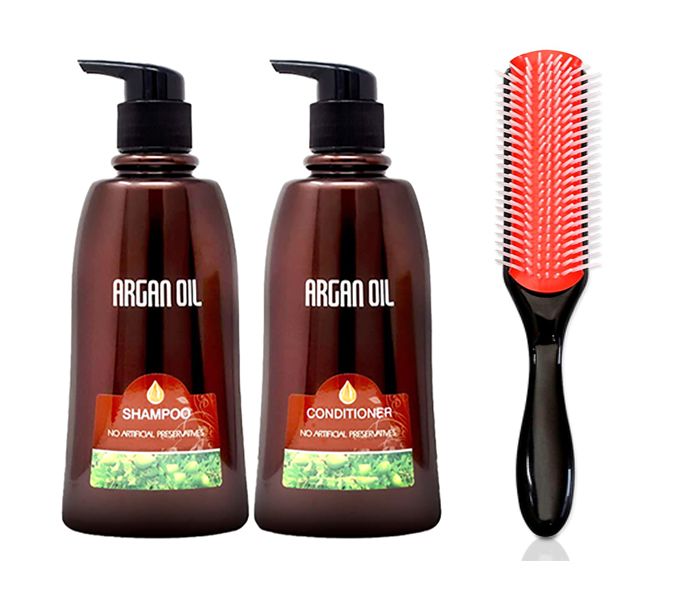 Moroccan Argan Oil Twin Pack 350ml + 9 Row Anti Static Hairstyle Brush